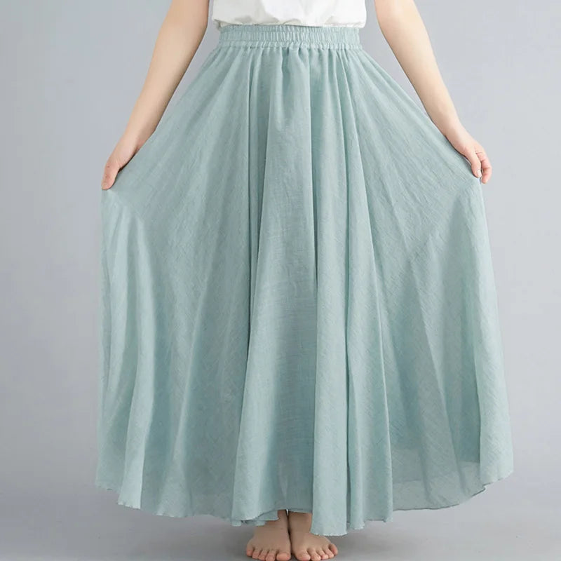 Women Loose Cotton Linen Elastic Waist A-line Solid Color Pleated Skirt