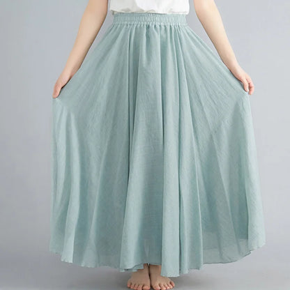Women Loose Cotton Linen Elastic Waist A-line Solid Color Pleated Skirt