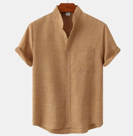 Men Summer V-neck Button up Cotton Linen Shirts Solid Color Short Sleeve Shirt Men's Fashion Trendy Shirts