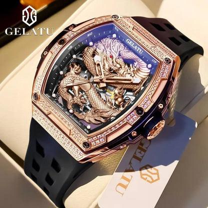 Gelatu 6021 Men’s Automatic Mechanical Watch – Hollow Dragon Skeleton Dial, Diamond-Accented Case, Waterproof Silicone Strap Eddard