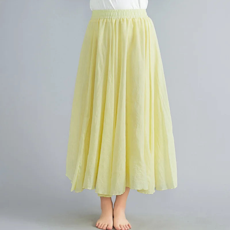 Women Loose Cotton Linen Elastic Waist A-line Solid Color Pleated Skirt