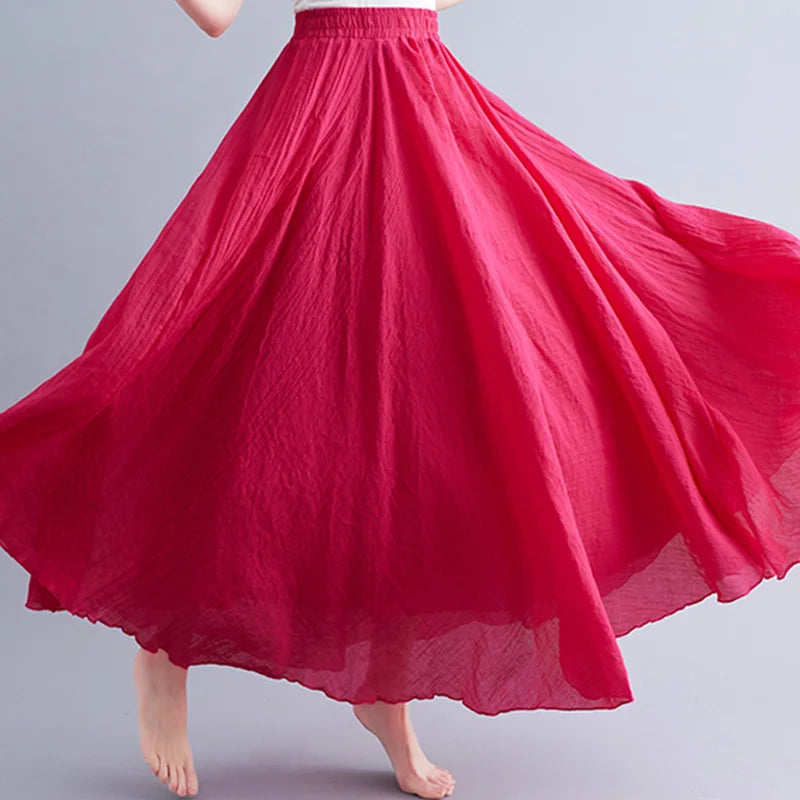 Women Loose Cotton Linen Elastic Waist A-line Solid Color Pleated Skirt