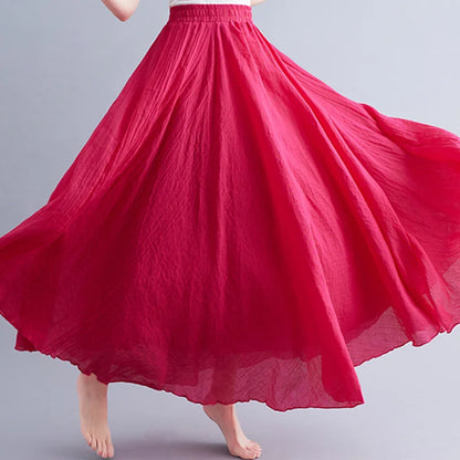Women Loose Cotton Linen Elastic Waist A-line Solid Color Pleated Skirt