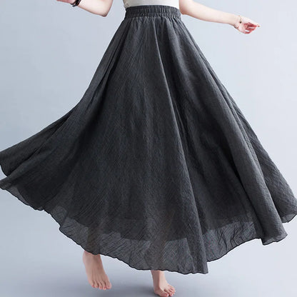 Women Loose Cotton Linen Elastic Waist A-line Solid Color Pleated Skirt