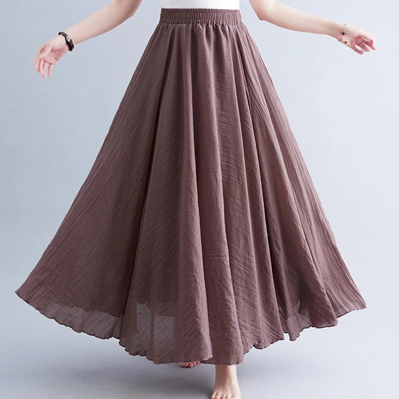 Women Loose Cotton Linen Elastic Waist A-line Solid Color Pleated Skirt