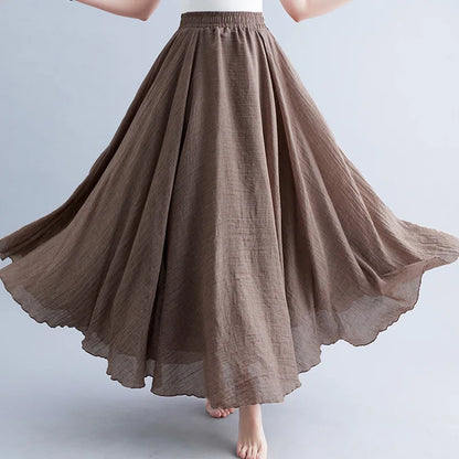 Women Loose Cotton Linen Elastic Waist A-line Solid Color Pleated Skirt