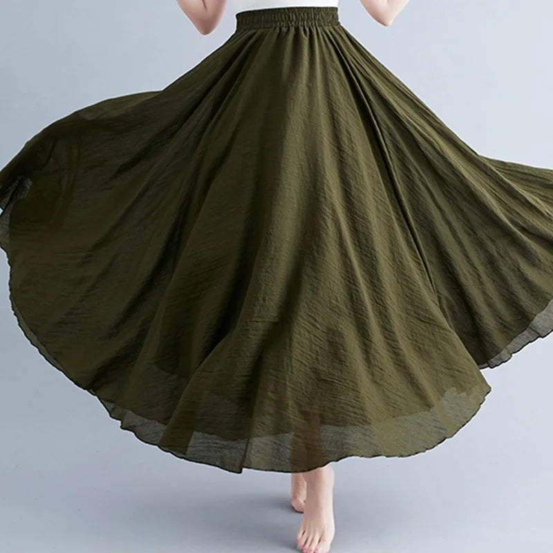 Women Loose Cotton Linen Elastic Waist A-line Solid Color Pleated Skirt