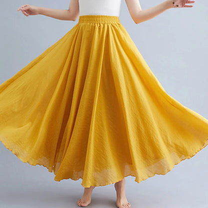 Women Loose Cotton Linen Elastic Waist A-line Solid Color Pleated Skirt