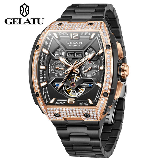 Gelatu 6016 Men's Fashion Automatic Mechanical Watch with Stainless Steel Strap – Waterproof Branded Wristwatch