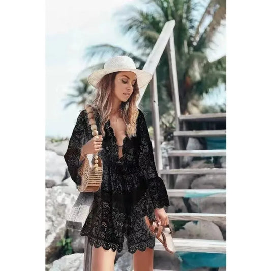 Women Bikini Cover up Floral Lace Hollow Crochet Swimsuit Beachwear Tunic Beach Dress