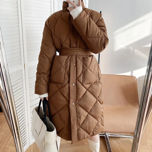 Winter Korean Style Long Cotton-Padded Coat for Women - Casual Stand-Up Collar Argyle Plaid Oversized Parka, Chic Jacket Hester