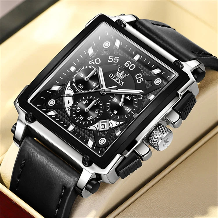 OLEVS 9919 Men’s Square Quartz Watch – Waterproof Leather Strap, Sport Luxury Wristwatch for Men