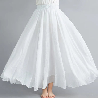 Women Loose Cotton Linen Elastic Waist A-line Solid Color Pleated Skirt