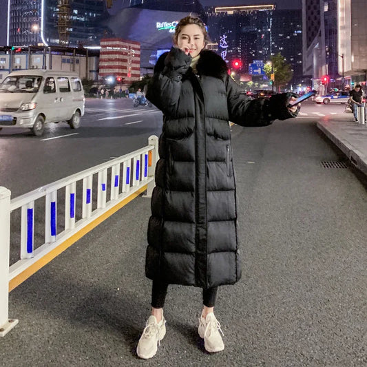 Women's Winter Over-Knee Long Coat - Loose Hooded Parka with Detachable Fur Collar, Thick Warm Cotton-Padded Jacket, Outerwear Jeanne
