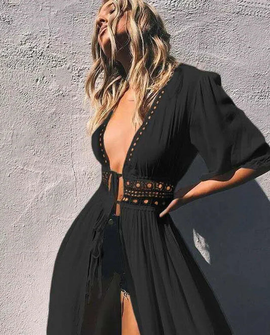 Women Beach Dress Solid Black White Lace Beachwear Sun Protection Knitted Swimsuits Beach Cover up