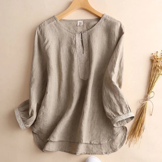 Women Cotton Linen Shirt New Pullover Art Style Round Neck Shirt Loose 3/4 Sleeves