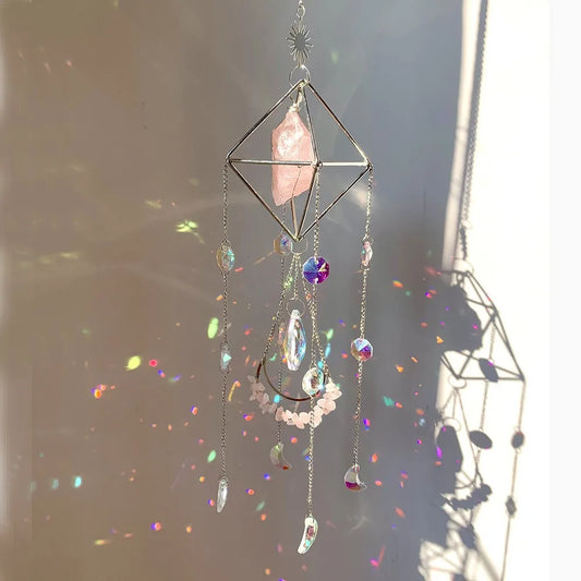 Natural Crystal Handmade Sun Catcher | Moon-Shaped Rainbow Prism Decor