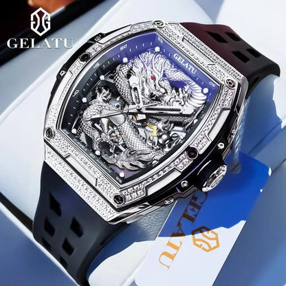 Gelatu 6021 Men’s Automatic Mechanical Watch – Hollow Dragon Skeleton Dial, Diamond-Accented Case, Waterproof Silicone Strap Eddard