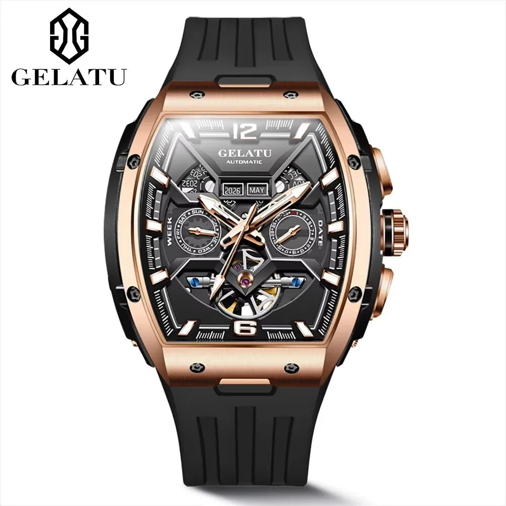 Gelatu 6013 Men's Waterproof Tourbillon Skeleton Automatic Mechanical Watch with Calendar & Luminous Hands