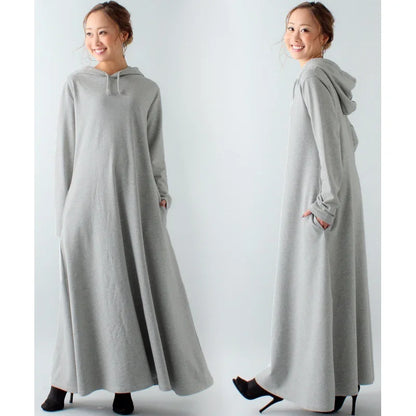 Women’s Maxi Pleated Dress with Pockets | Korean Fashion Winter Hooded Dress Mavy