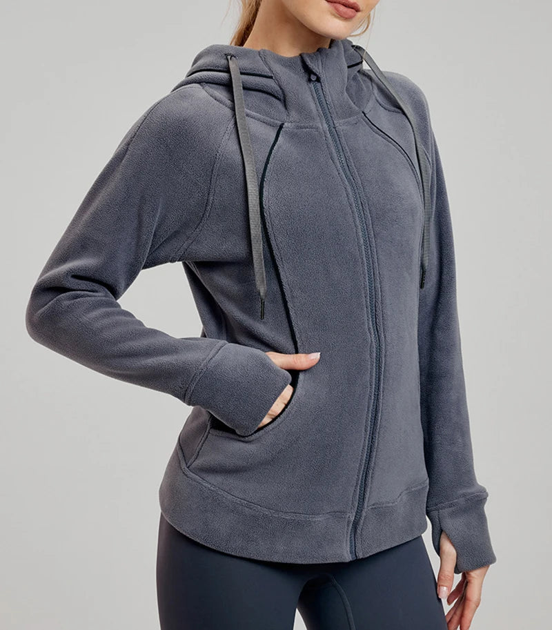 Women's Fleece Thickened Hoodie Jacket – Full Zip Winter Workout Top with Zipper Pocket, Warm Yoga Sweatshirt for Women