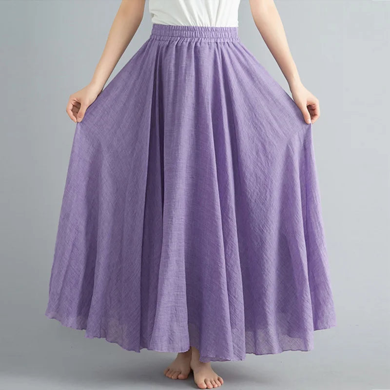 Women Loose Cotton Linen Elastic Waist A-line Solid Color Pleated Skirt