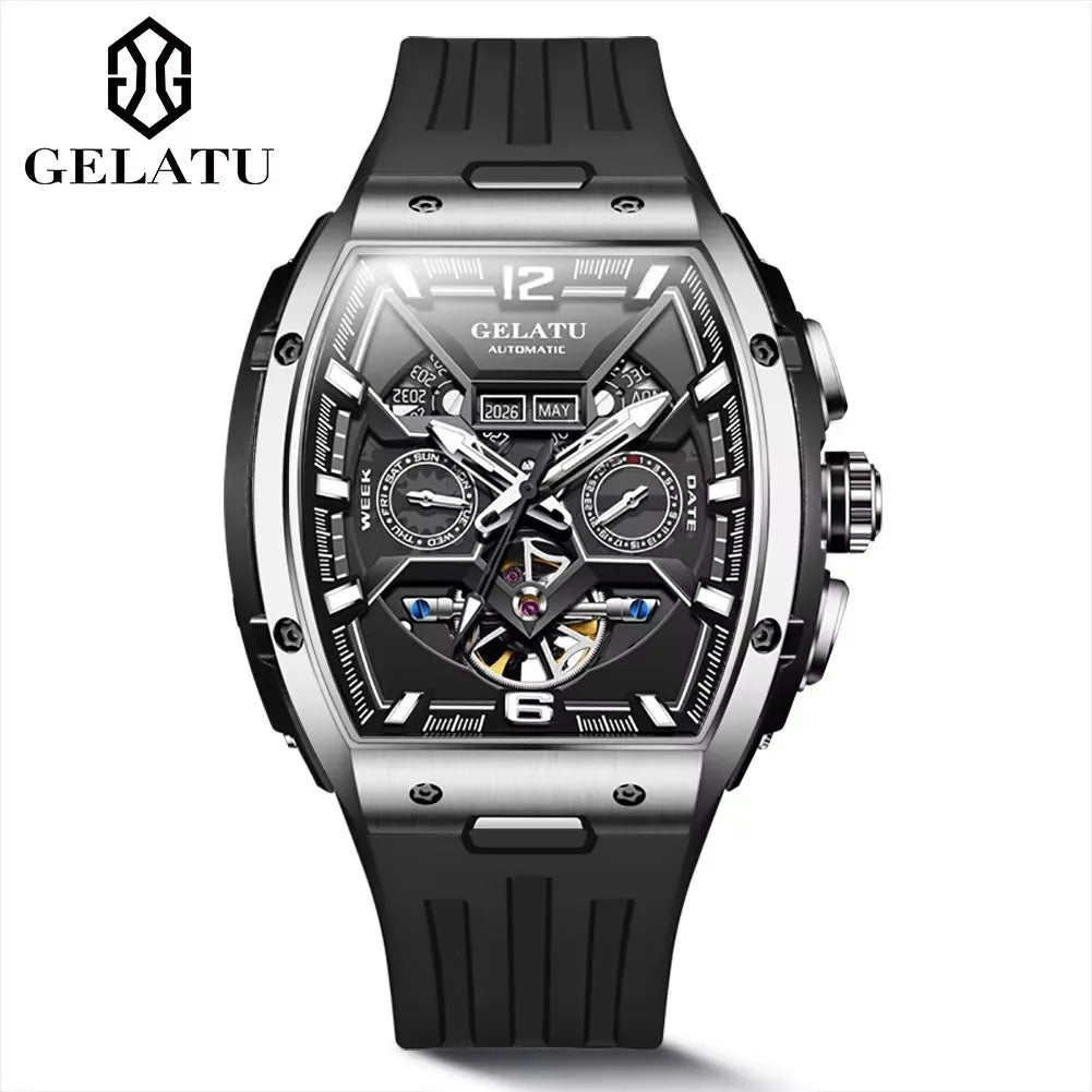 Gelatu 6013 Men's Waterproof Tourbillon Skeleton Automatic Mechanical Watch with Calendar & Luminous Hands