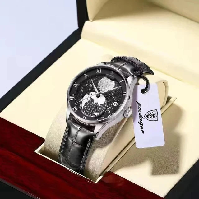 POEDAGAR 803 Men's Quartz Watch – Fashion Leather Strap Waterproof Wristwatch with Globe Dial, Automatic Calendar, and Trendy Design Nicolas