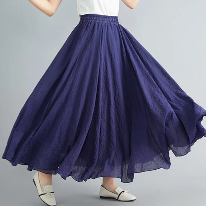 Women Loose Cotton Linen Elastic Waist A-line Solid Color Pleated Skirt