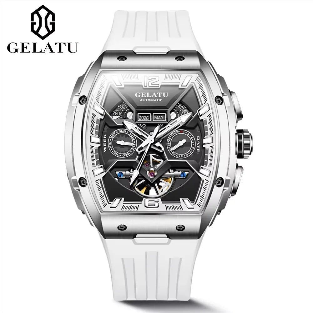 Gelatu 6013 Men's Waterproof Tourbillon Skeleton Automatic Mechanical Watch with Calendar & Luminous Hands