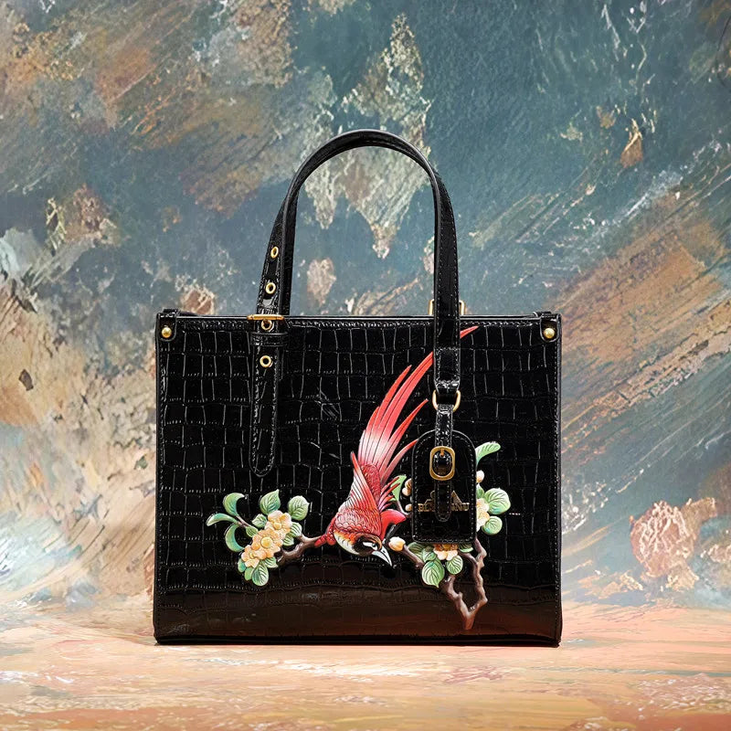 Women's Square Tote Handbag with Fashionable Floral Print, Adjustable Handle, and Zipper Closure Caterina