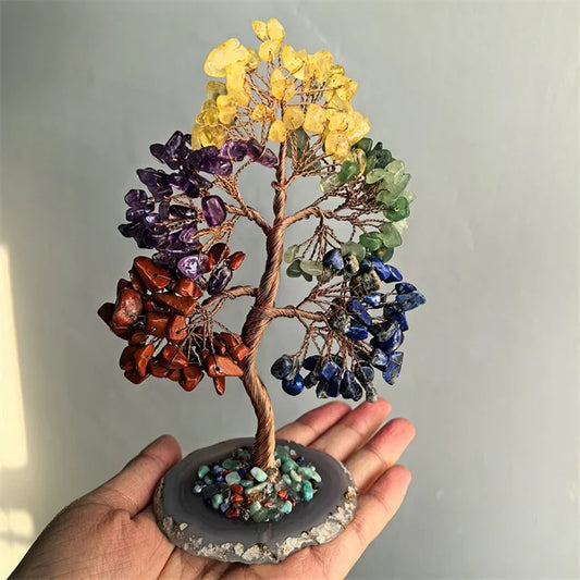 15-16cm 5 Chakra Crystal Money Tree with Agate Coaster – Natural Gemstone Chips for Decor & Energy Balance
