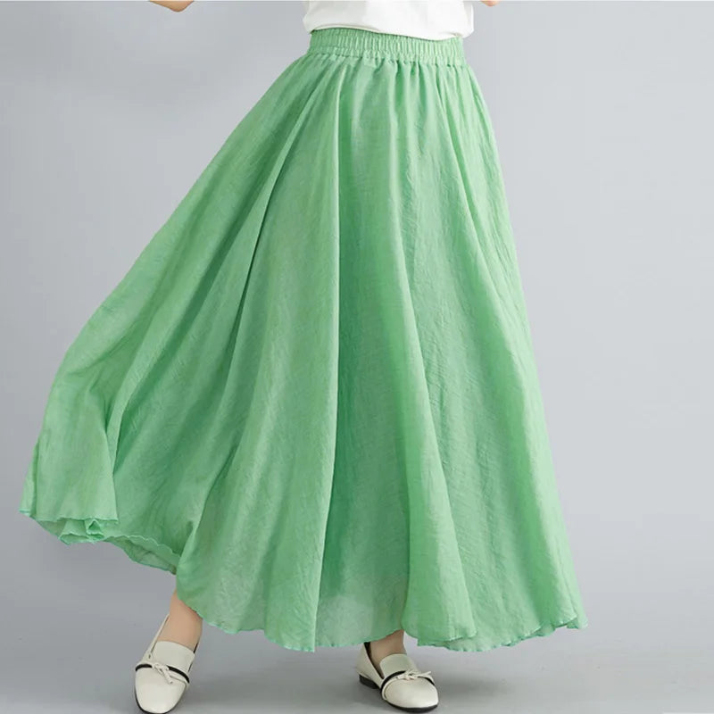 Women Loose Cotton Linen Elastic Waist A-line Solid Color Pleated Skirt