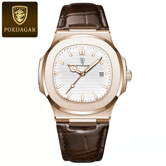 POEDAGAR 613 Men's Luxury Gold Watch – Fashion Square Quartz Business Watch with Stainless Steel, Waterproof, Luminous, and Date Display Thierry