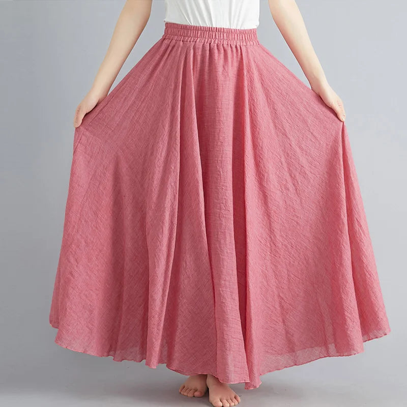 Women Loose Cotton Linen Elastic Waist A-line Solid Color Pleated Skirt