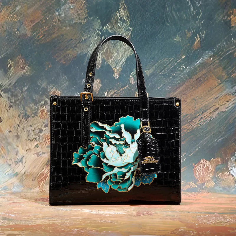 Women's Square Tote Handbag with Fashionable Floral Print, Adjustable Handle, and Zipper Closure Caterina