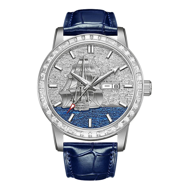 HANBORO Men’s Automatic Mechanical Watch – Smooth Sailing Series, Sailboat Design, Calendar Display Maedric