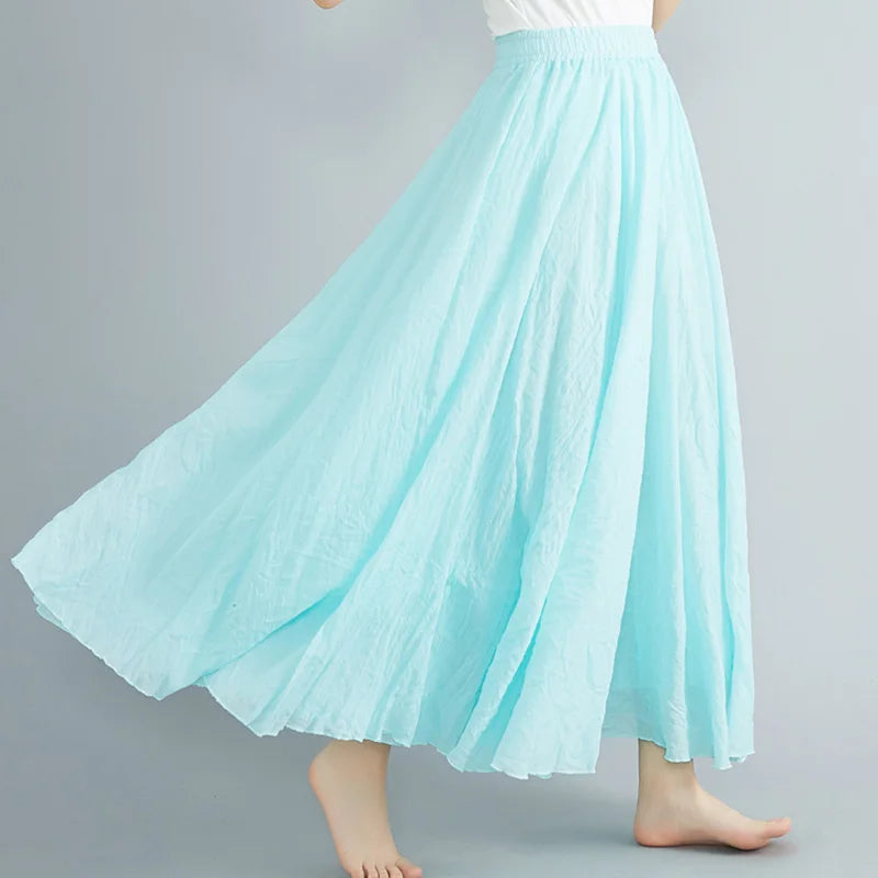 Women Loose Cotton Linen Elastic Waist A-line Solid Color Pleated Skirt