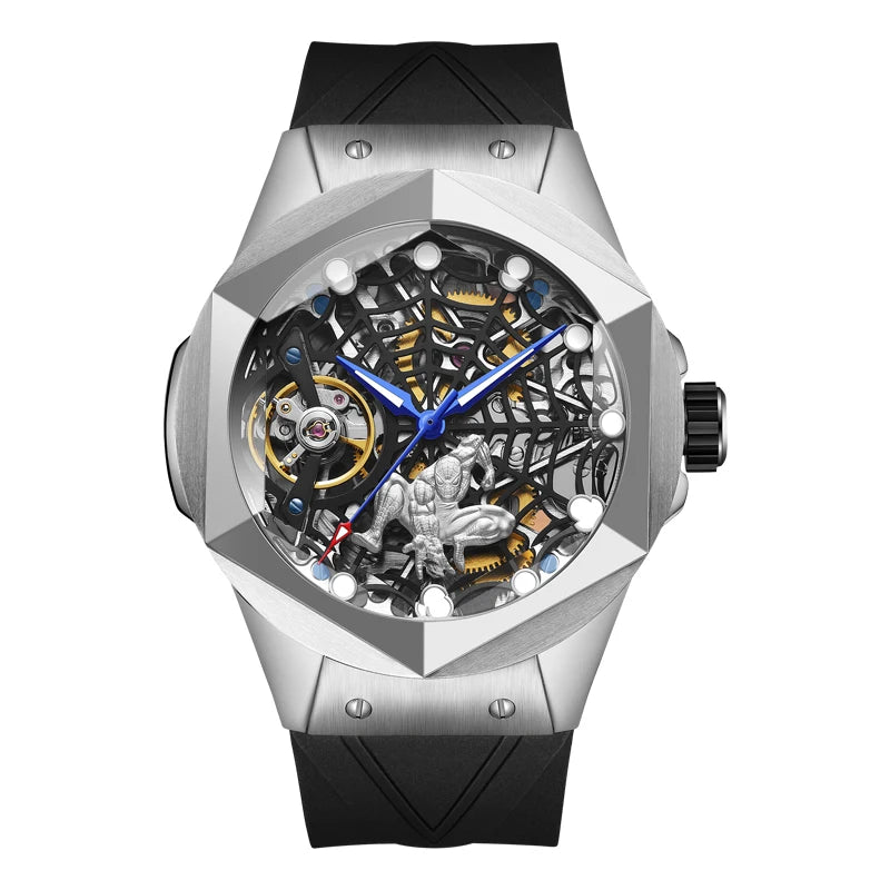 HANBORO Men’s Automatic Skeleton Flywheel Watch – Spider Web Design, Mechanical Movement, Power Reserve, Silicone Strap, Luxury Wristwatch