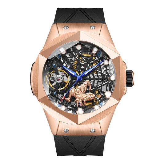 HANBORO Men’s Automatic Skeleton Flywheel Watch – Spider Web Design, Mechanical Movement, Power Reserve, Silicone Strap, Luxury Wristwatch