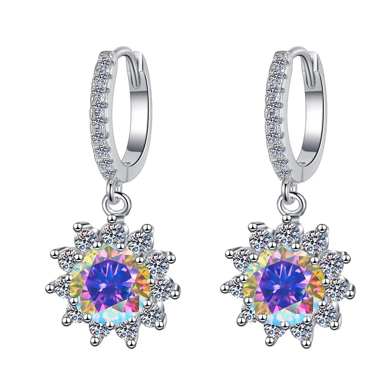 Fine Jewelry | Flower Shape S925 Sterling Silver Moissanite Earrings | 1Ct/0.5Ct Blue & Pink Stud and Hoop Design | GRA Certified Pamela