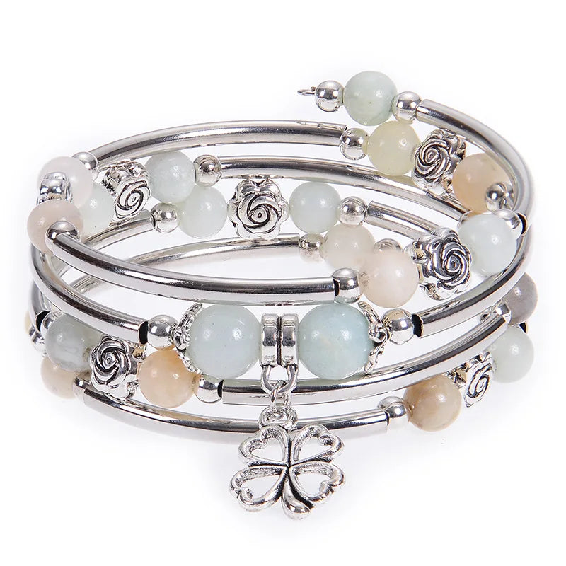 Fashion Multilayer Natural Stone Beaded Bracelet – 6MM/8MM Pink Zebra Stone with Flower Pendant | Handmade Wrap Jewelry for Women Marielle