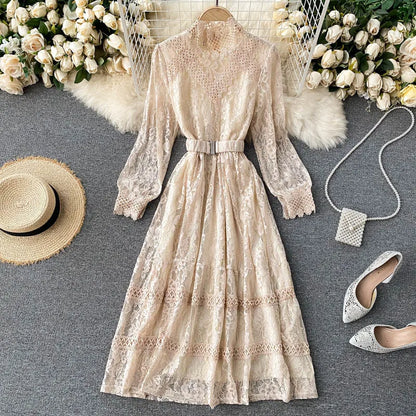 Women's Fall Winter Long-Sleeve Lace Midi Dress – Elegant Hollow-Out Design with Stand Collar and Empire Waist