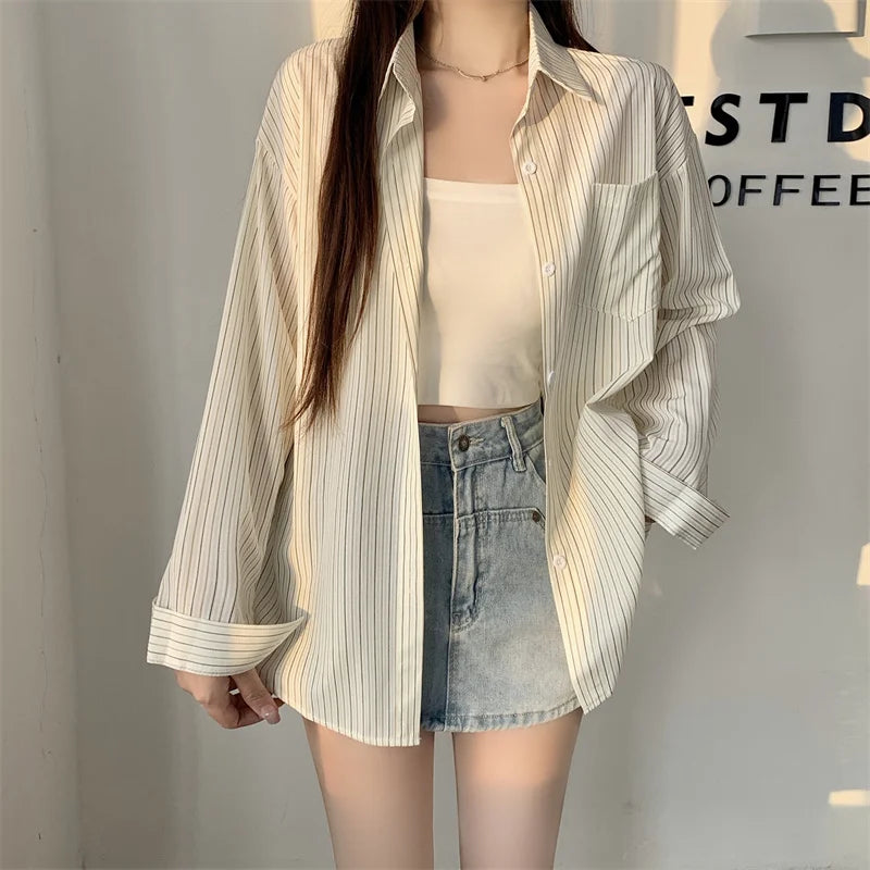 Women's Striped Loose Shirt | Retro Korean Casual Long Sleeve Blouse Rachel