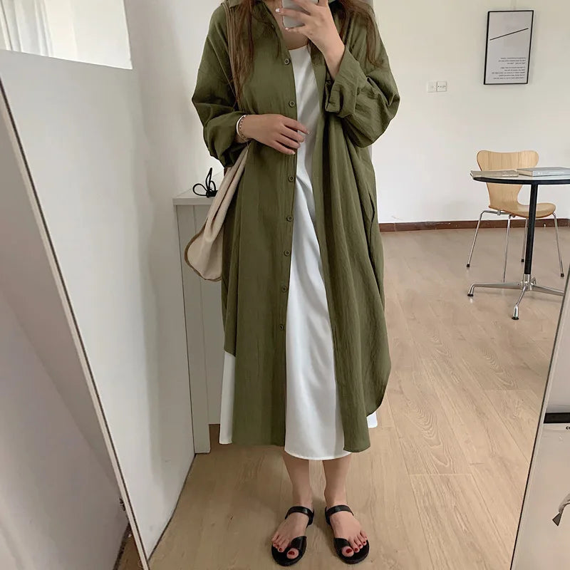 Women Loose Cotton Linen Shirt Dress Single Breasted Long Sleeve Top Spring Summer Lady Casual Dress