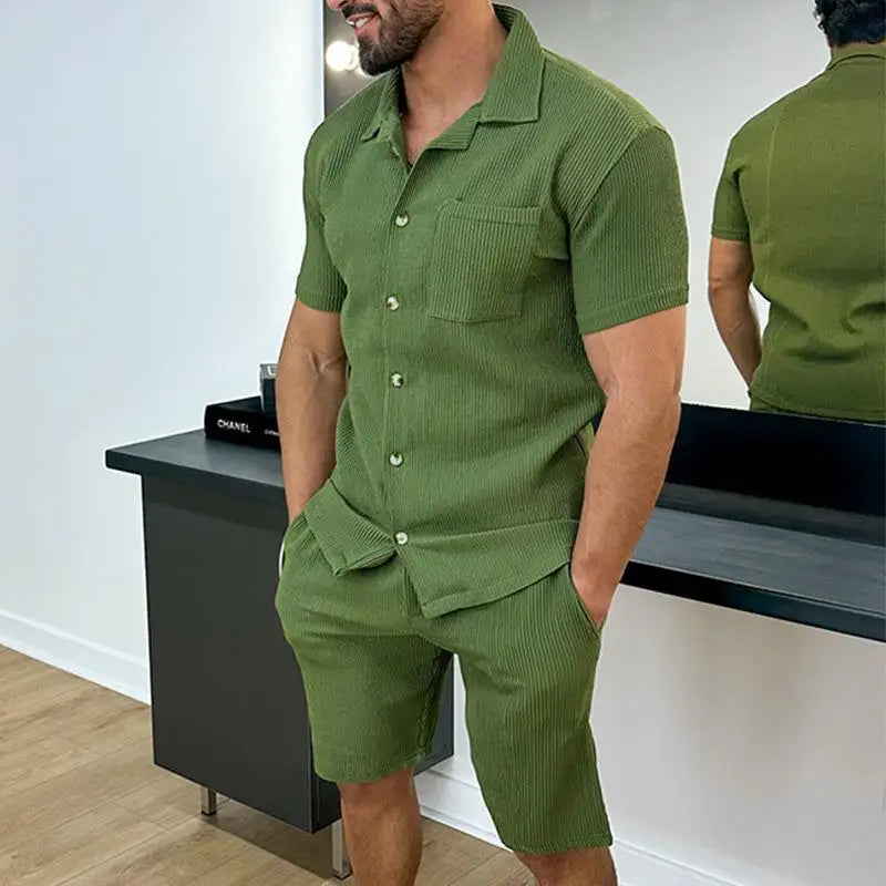Men's Two-Piece Summer Outfit | Casual Solid Rib Short-Sleeve Shirt & Shorts with Drawstring Pockets - Perfect for Beach & Holidays Matthew