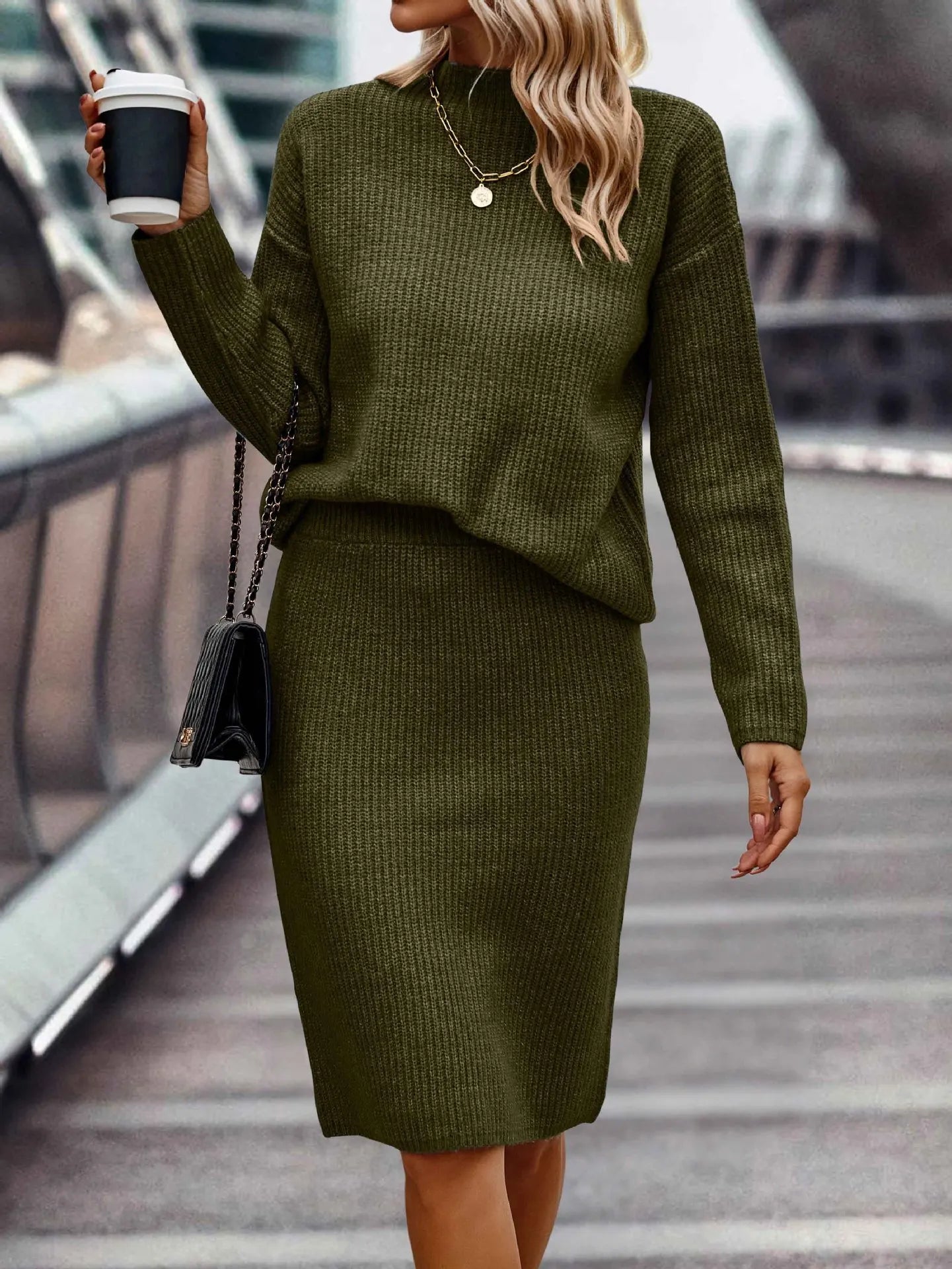 Women's Elegant 2-Piece Knitted Skirt Suit - Loose Fit Split Design with Casual Print for Autumn, Spring, and Winter Fidelia
