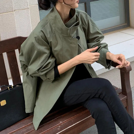 Korean Retro Short Trench Coat – Autumn British Style Stand-Up Collar Cloak Design Meg