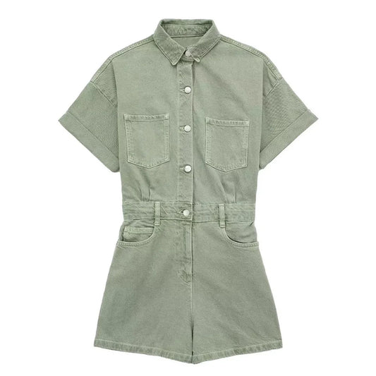 Women's Denim Short Jumpsuit - Retro High-Waist Style with Zipper Placket | Casual Chic Outfit Sabrina
