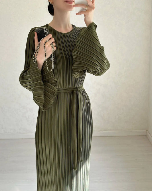 Women's Knitted Lace-Up Dress | Elegant Solid Stripe Design, Long Sleeve O-Neck Casual Spring Dress Yasmin